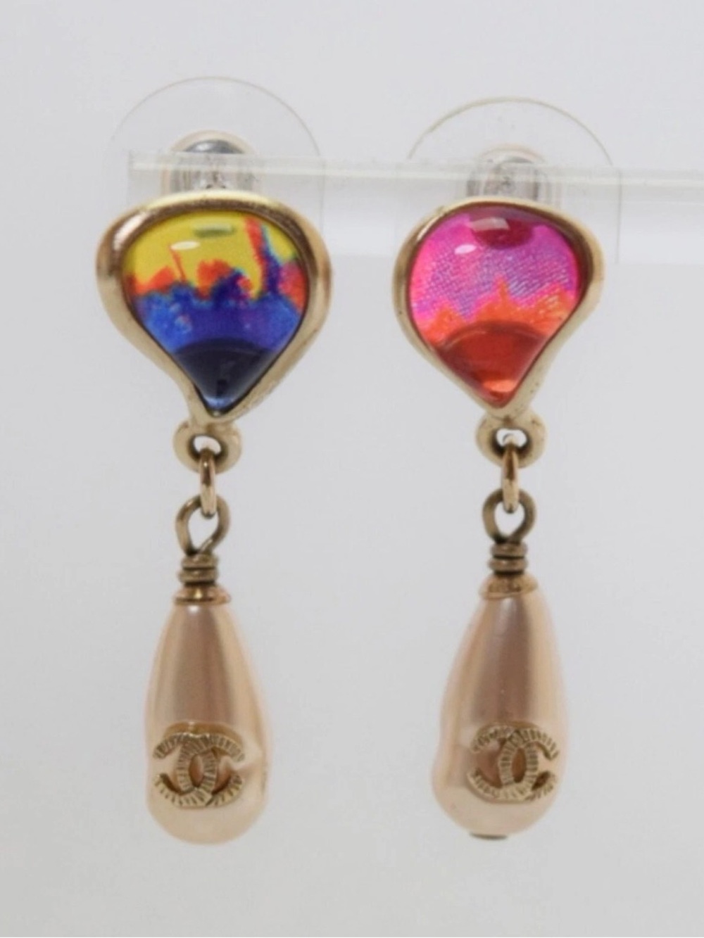 CHANEL Coco Mark Colored Stone Pearl Teardrop Earrings